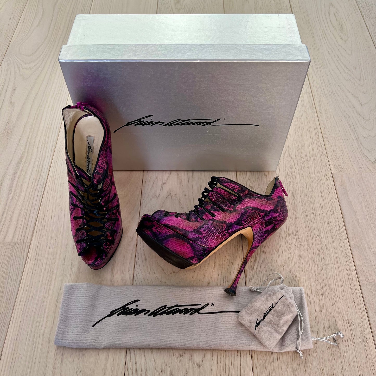 Brian Atwood Shoes Size 36 = 6 Naiyabis Purple Snakeskin 140MM