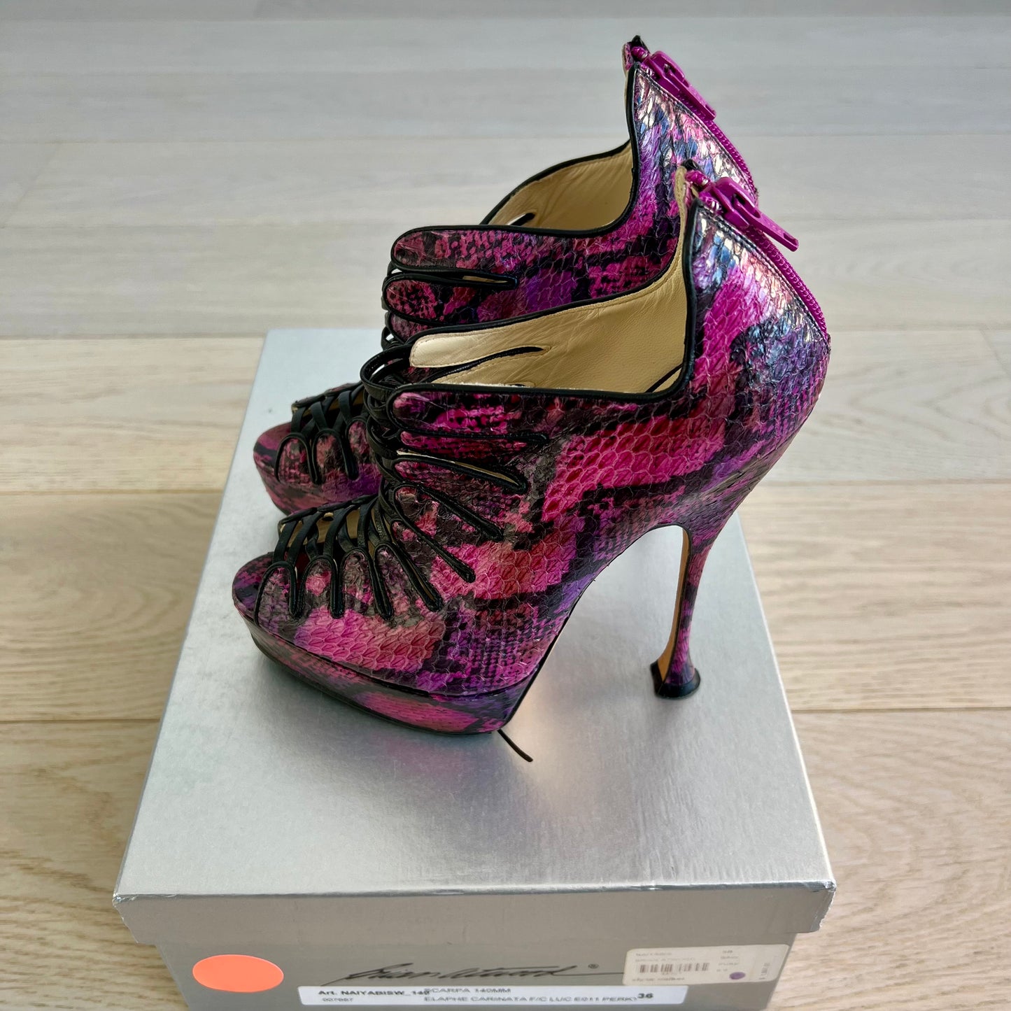 Brian Atwood Shoes Size 36 = 6 Naiyabis Purple Snakeskin 140MM