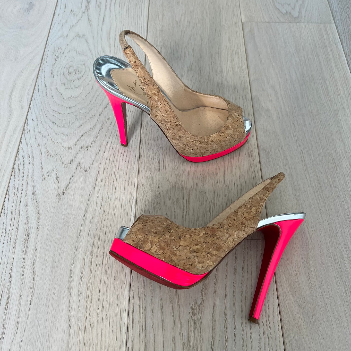 Christian Louboutin Shoes Size 36 Catenita Cork Hot Pink Silver Slingback