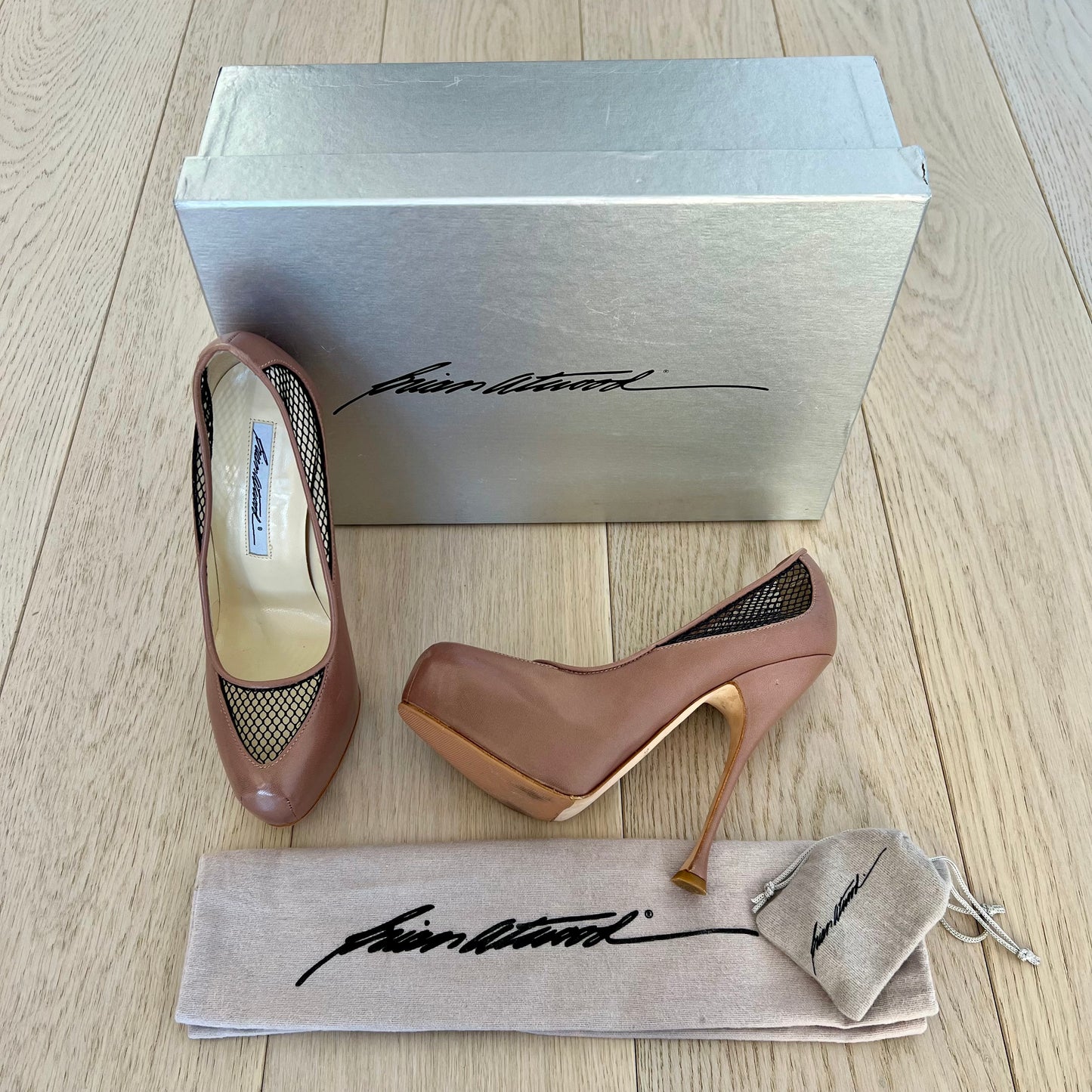 Brian Atwood Shoes Size 36 = 6 Dante Fishnet Black Mesh Nude Cappuccino 140MM