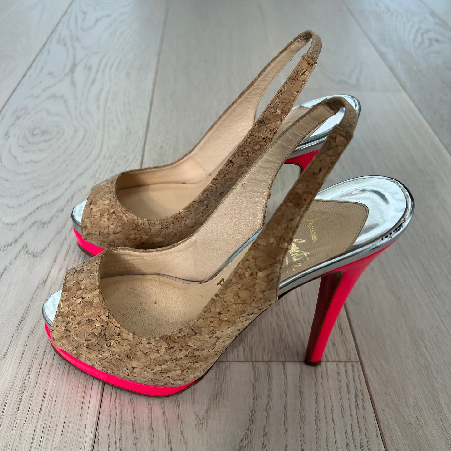 Christian Louboutin Shoes Size 36 Catenita Cork Hot Pink Silver Slingback