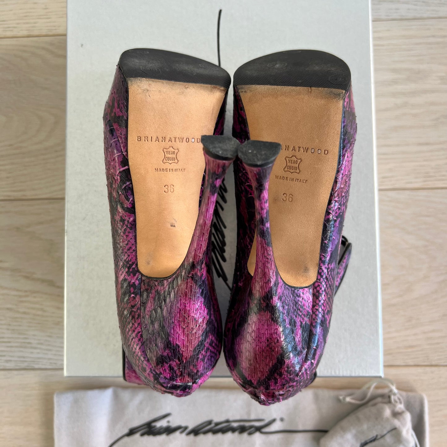 Brian Atwood Shoes Size 36 = 6 Naiyabis Purple Snakeskin 140MM