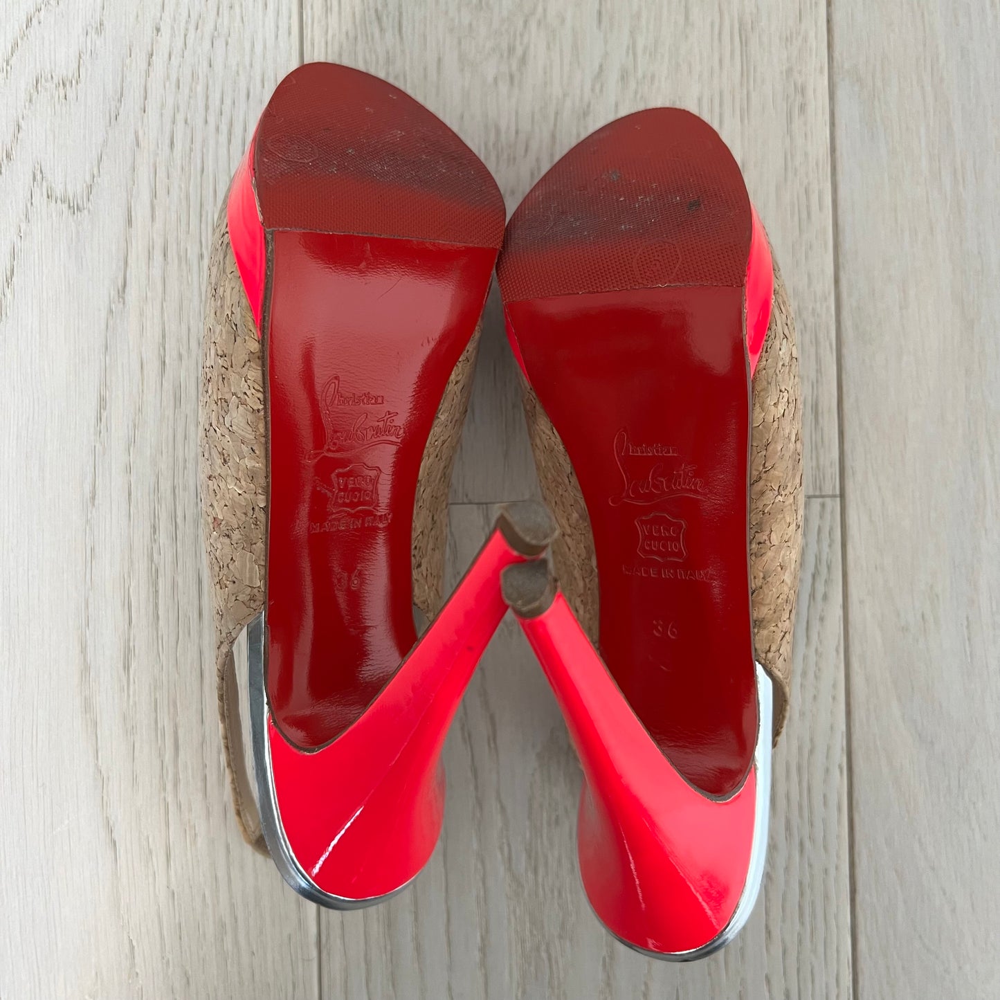 Christian Louboutin Shoes Size 36 Catenita Cork Hot Pink Silver Slingback