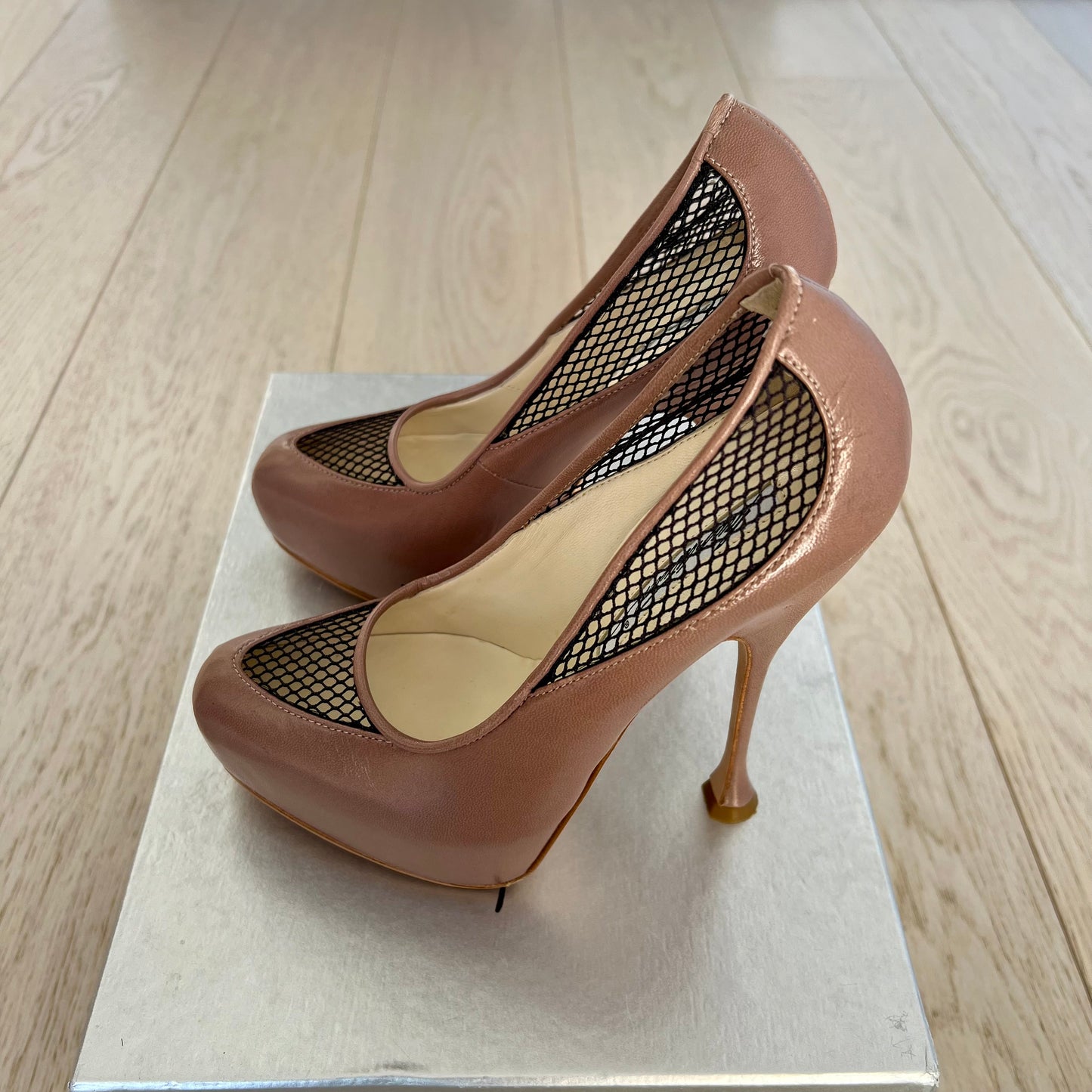 Brian Atwood Shoes Size 36 = 6 Dante Fishnet Black Mesh Nude Cappuccino 140MM