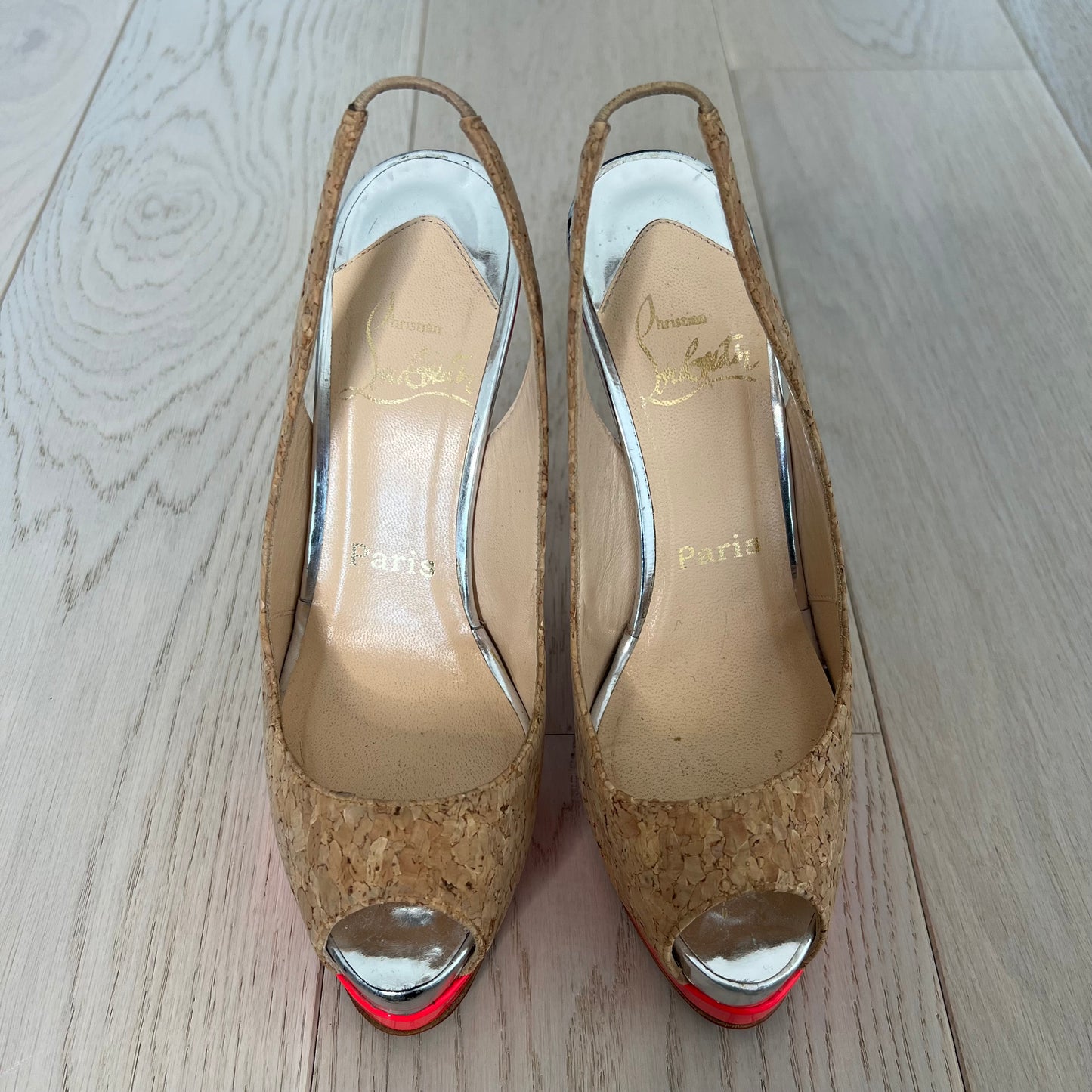 Christian Louboutin Shoes Size 36 Catenita Cork Hot Pink Silver Slingback