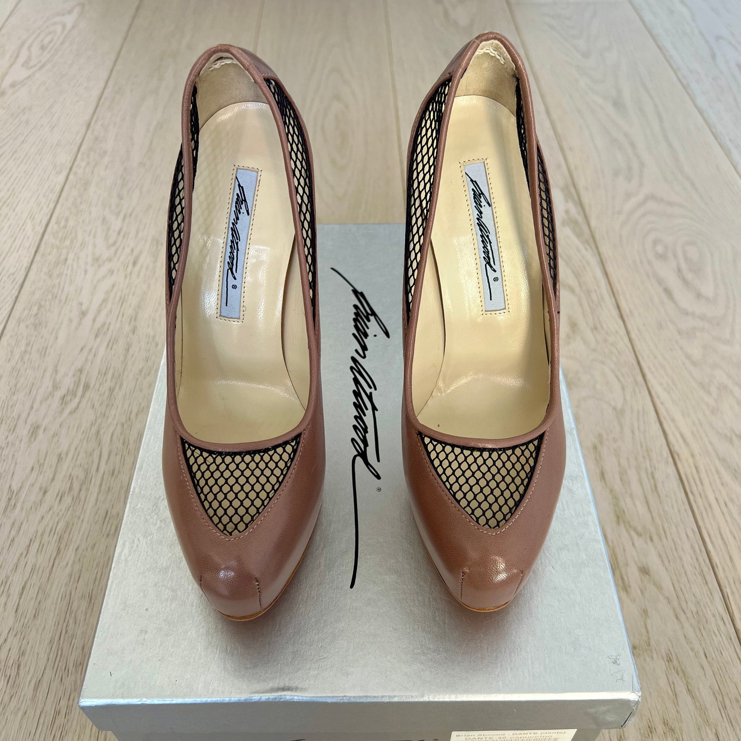 Brian Atwood Shoes Size 36 = 6 Dante Fishnet Black Mesh Nude Cappuccino 140MM