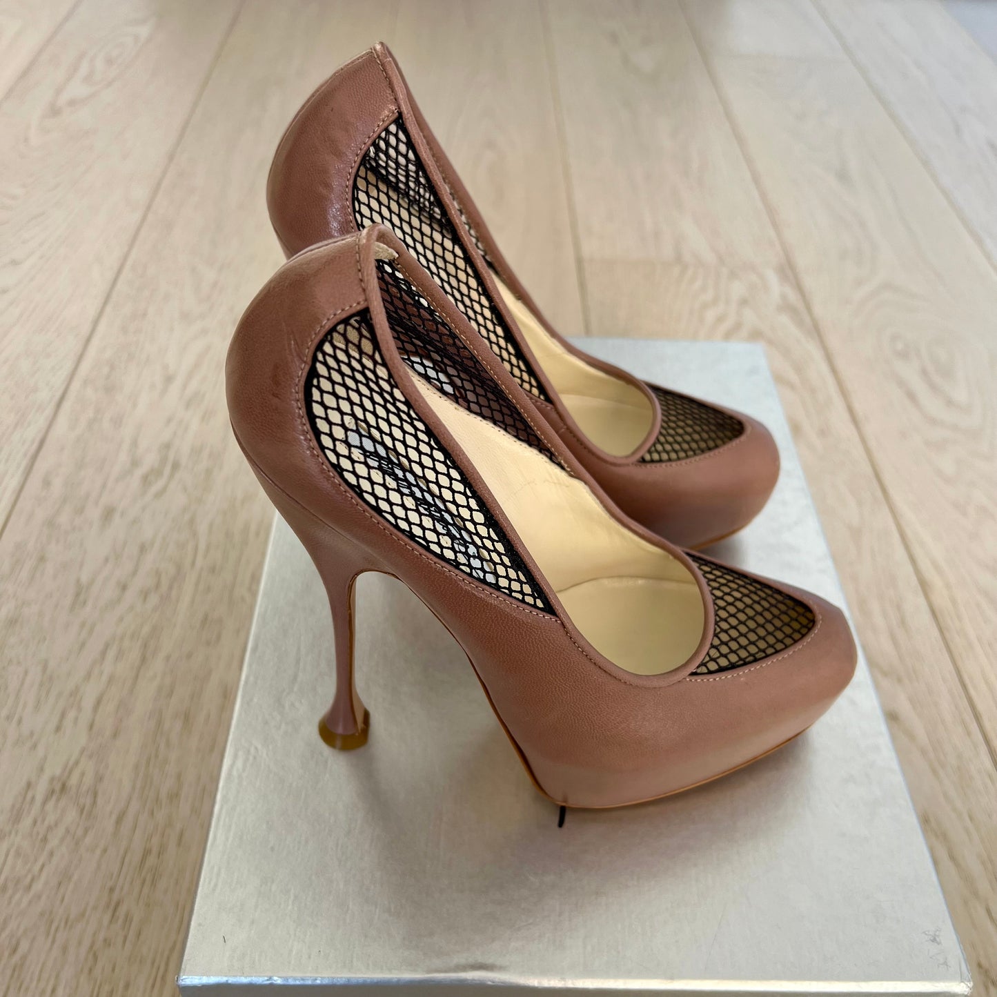 Brian Atwood Shoes Size 36 = 6 Dante Fishnet Black Mesh Nude Cappuccino 140MM