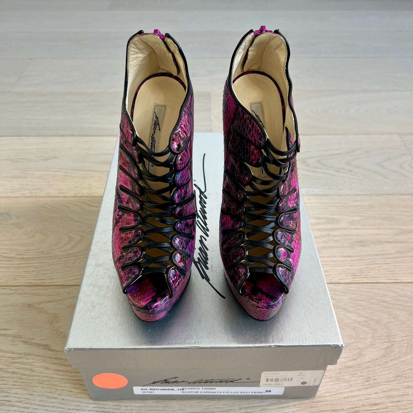 Brian Atwood Shoes Size 36 = 6 Naiyabis Purple Snakeskin 140MM