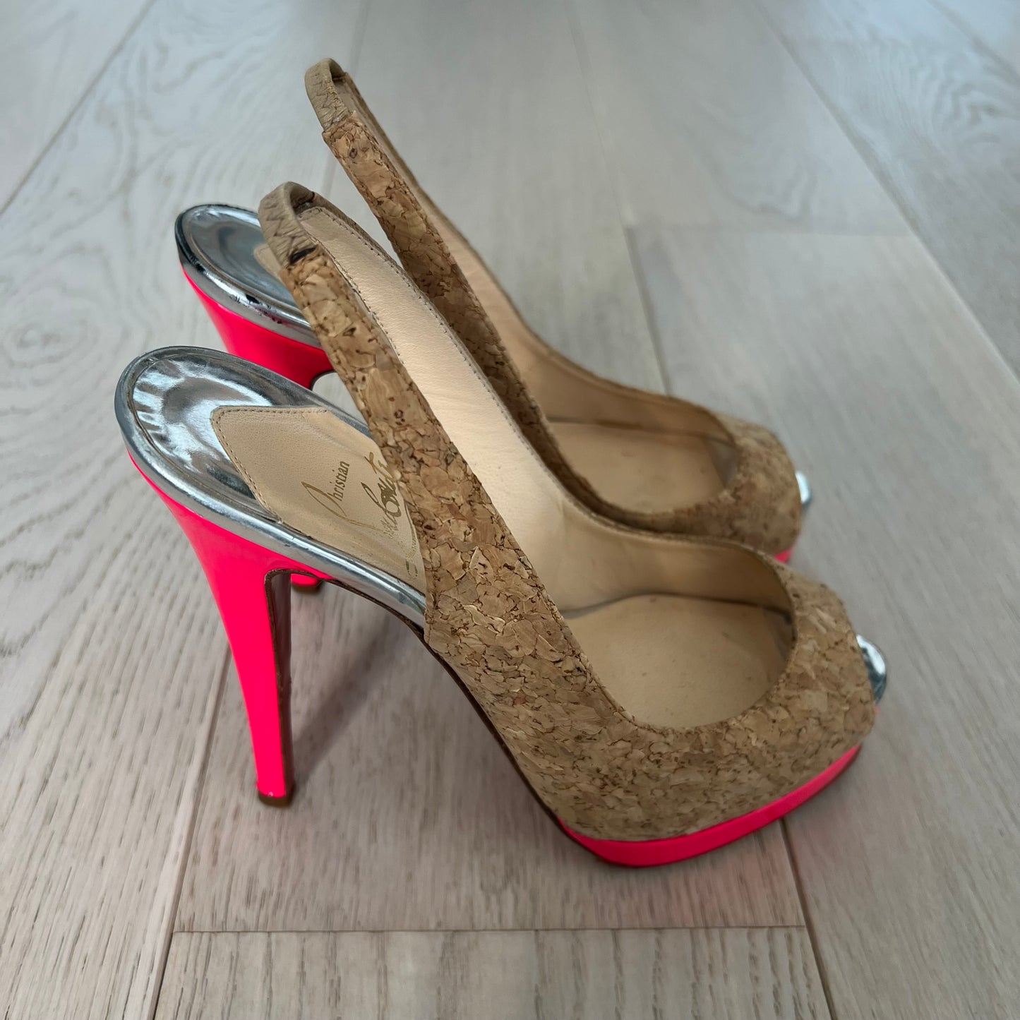 Christian Louboutin Shoes Size 36 Catenita Cork Hot Pink Silver Slingback